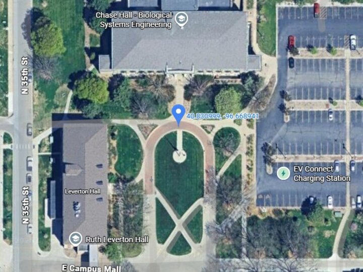 Overhead map of UNL's East Campus, with a location pin south of Chase Hall.